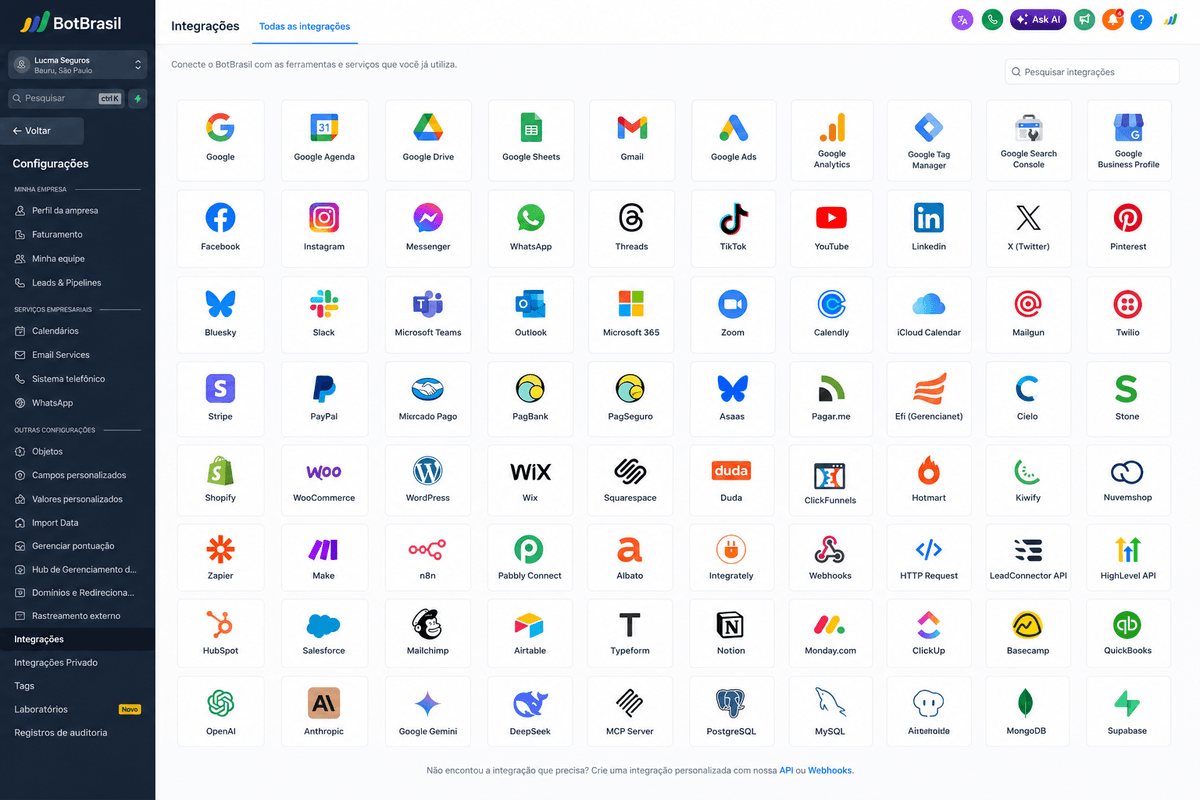 Integrações nativas via API com CRMs, ERPs e marketplaces — BotBrasil para reputação e Google Reviews