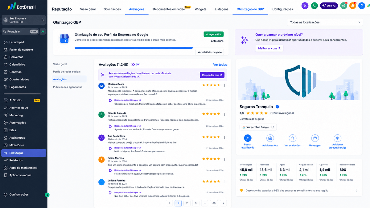 Painel de reputação online da BotBrasil com avaliações do Google, NPS e respostas automáticas — BotBrasil para operações de atendimento